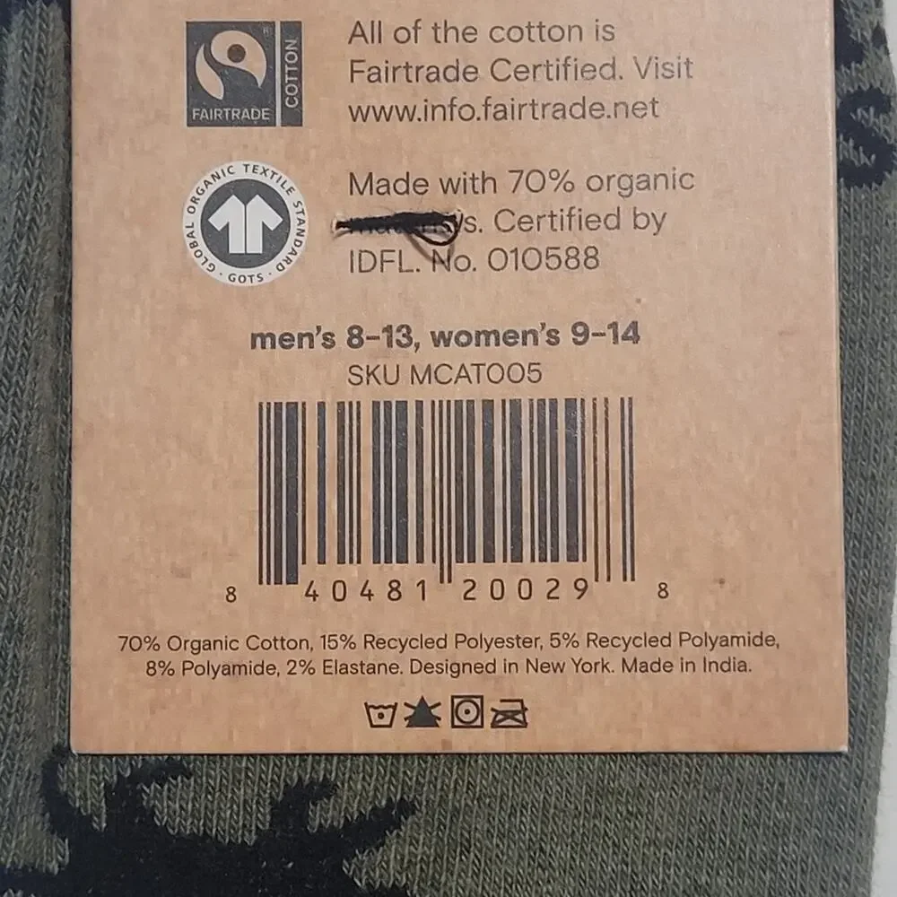 Conscious Step Socks That Save Cats Olive Green Medium NWT Mens 8-13 Women 9-14